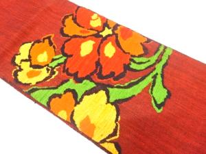 手織り真綿紬　草花模様織り出し　名古屋帯